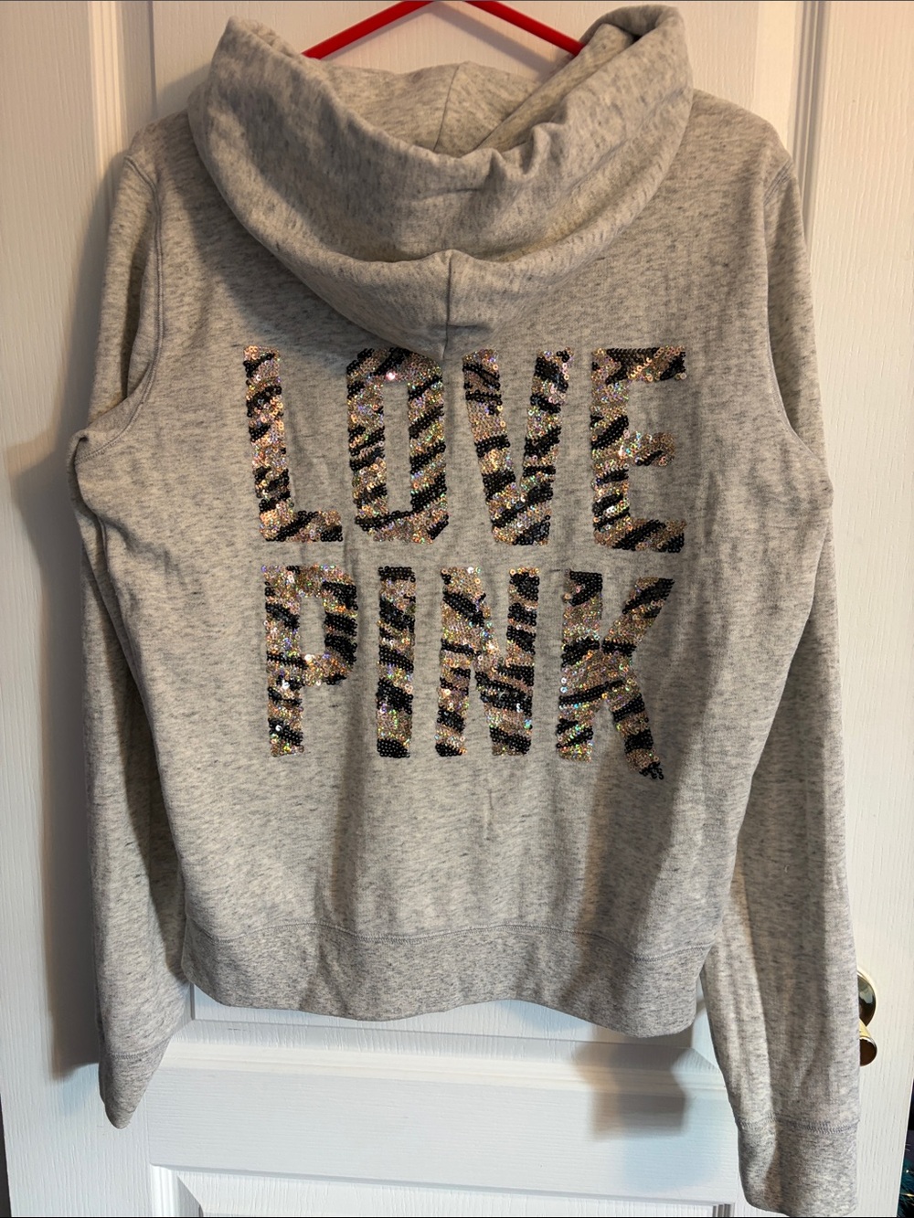 Y2K PINK Victoria's Secret Gray Hoodie with Sequin Leopard 'LOVE PINK' Back